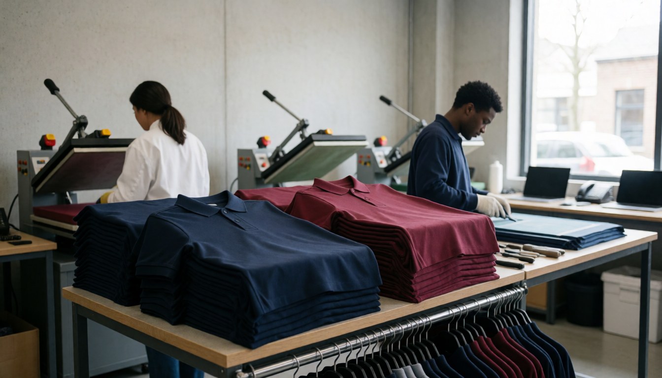 Workers using industrial machines to print polo shirts in a textile factory with natural light