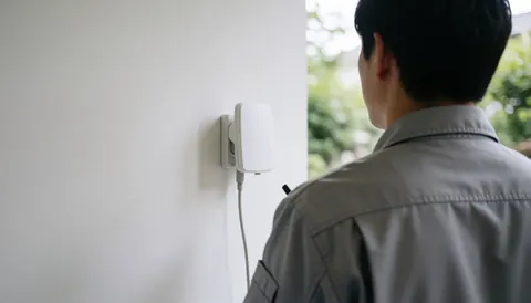 Technician in gray uniform checking a white antenna mounted on a white wall with connected cable and blurred garden background.