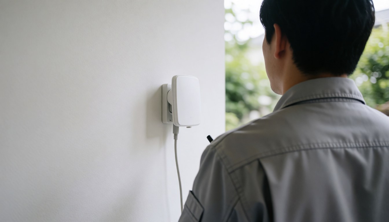 Technician in gray uniform checking a white antenna mounted on a white wall with connected cable and blurred garden background.
