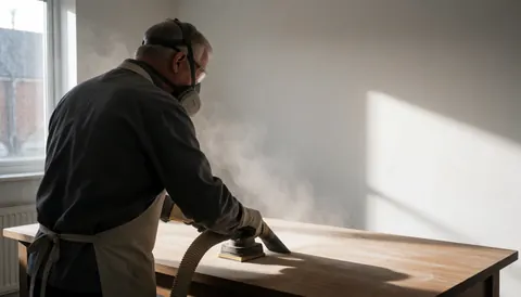 A carpenter wearing a mask and safety glasses uses a sanding machine on a wooden table with a dust extraction tube in a bright room.