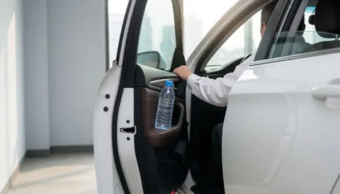 Taxi driver holding a water bottle inside a clean white car with an urban background, suitable for a website hero section