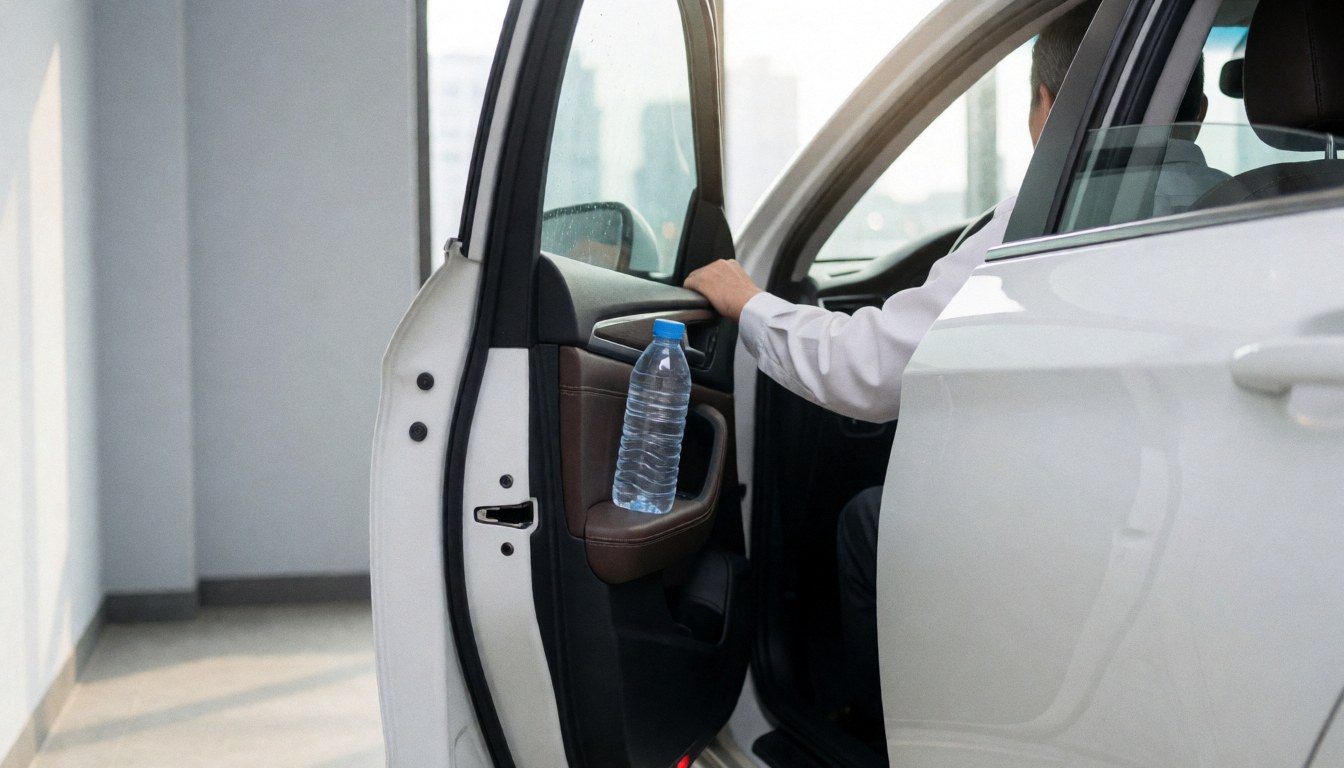 Taxi driver holding a water bottle inside a clean white car with an urban background, suitable for a website hero section