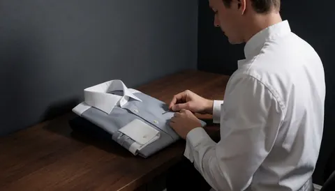 Professional mending a shirt with French cuffs on a dark wooden table in a repair workshop