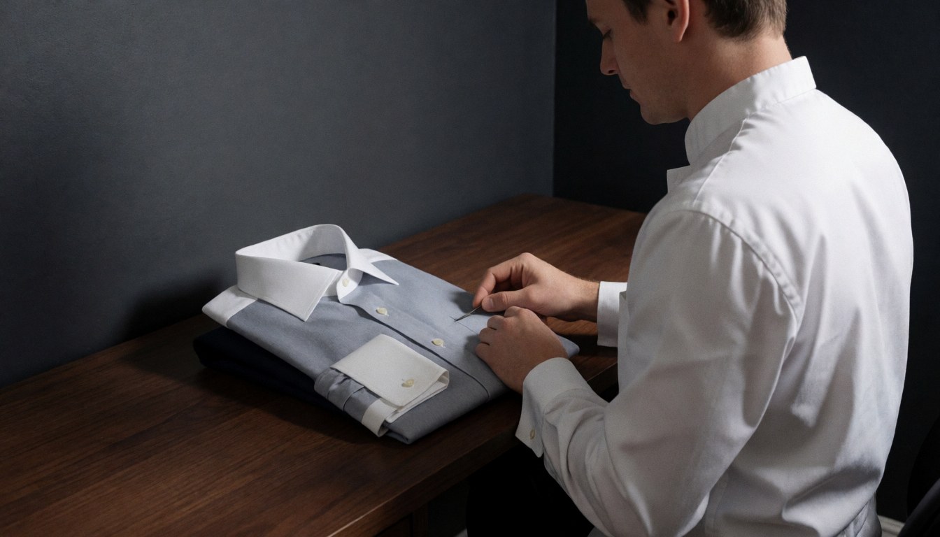 Professional mending a shirt with French cuffs on a dark wooden table in a repair workshop