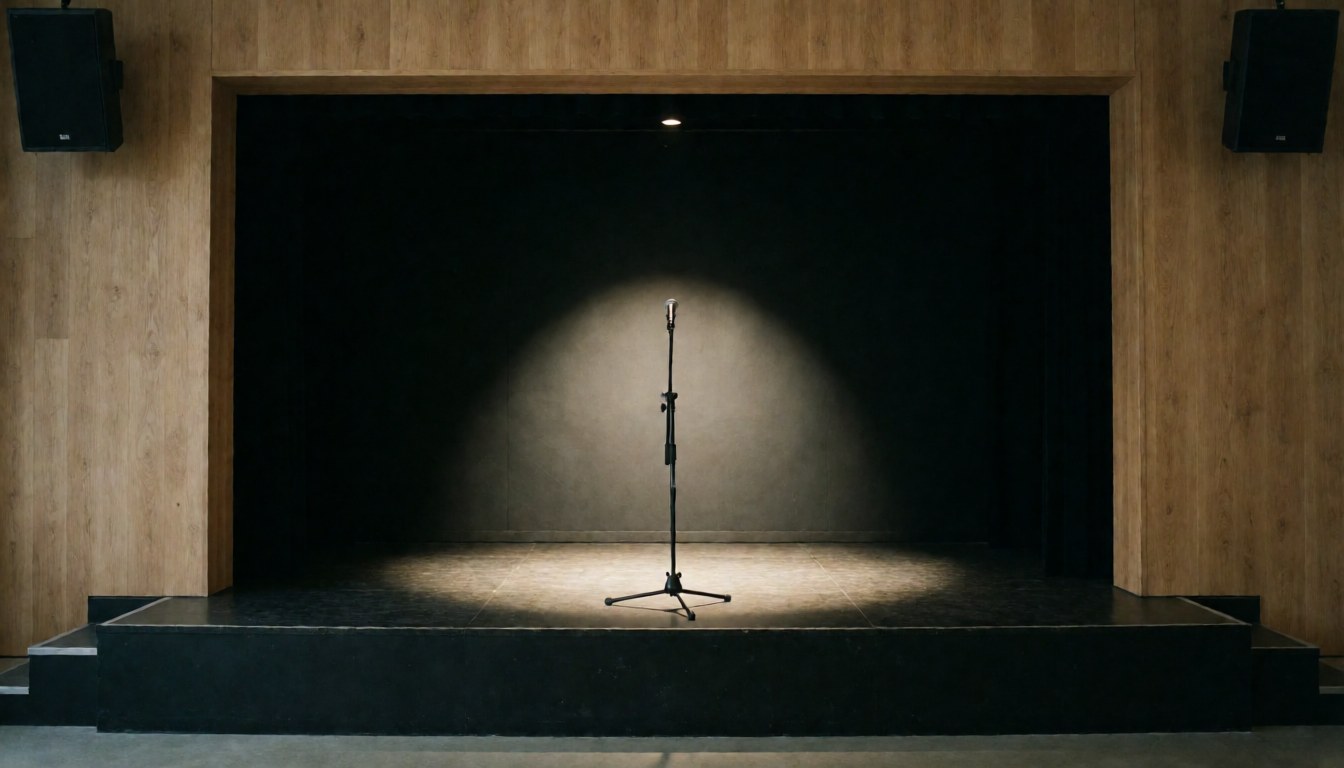 A microphone on a stage under a spotlight, with wooden walls and a black background, ideal for a website cover.