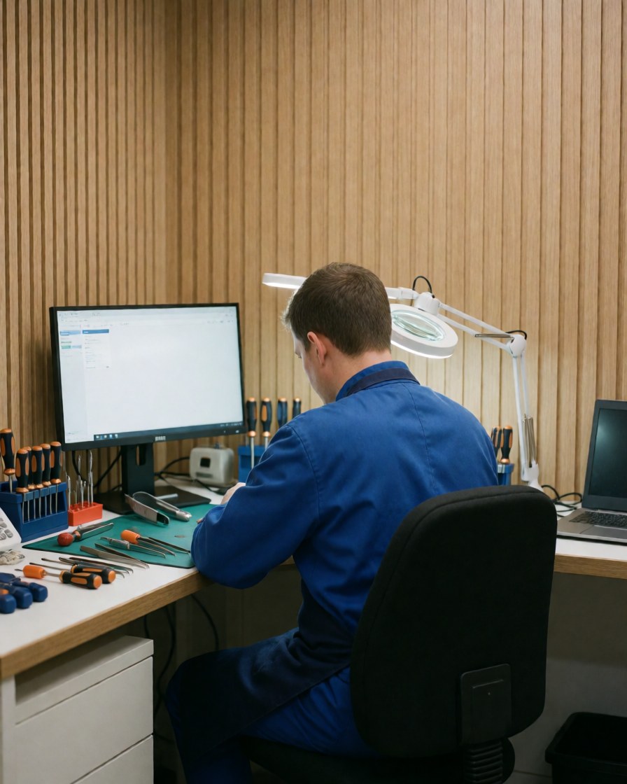 Back view of a technician repairing a mobile phone on a wooden workbench using a magnifying glass and screwdrivers