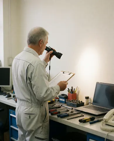Mechanic checking engine with flashlight and checklist in workshop, tools and laptop on table