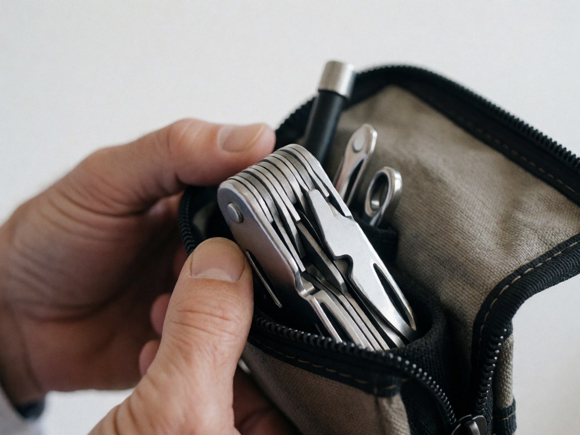 Hand holding a shiny metal multi-tool inside a bicycle repair bag with visible stitching on a white background