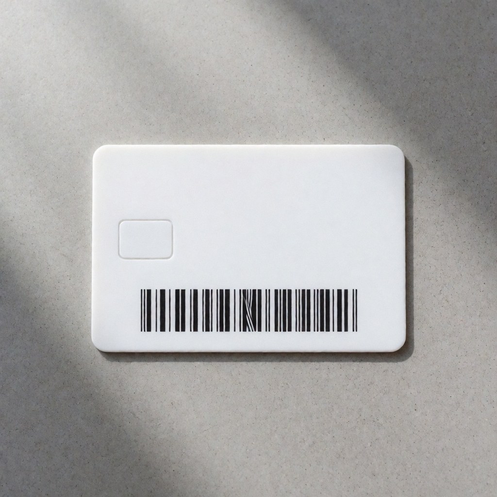 White plastic parking access card featuring a barcode and chip resting on a gray concrete surface with soft diffuse lighting