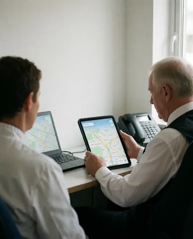 Two men in an office reviewing digital maps on a tablet and laptop with white walls and an office phone visible