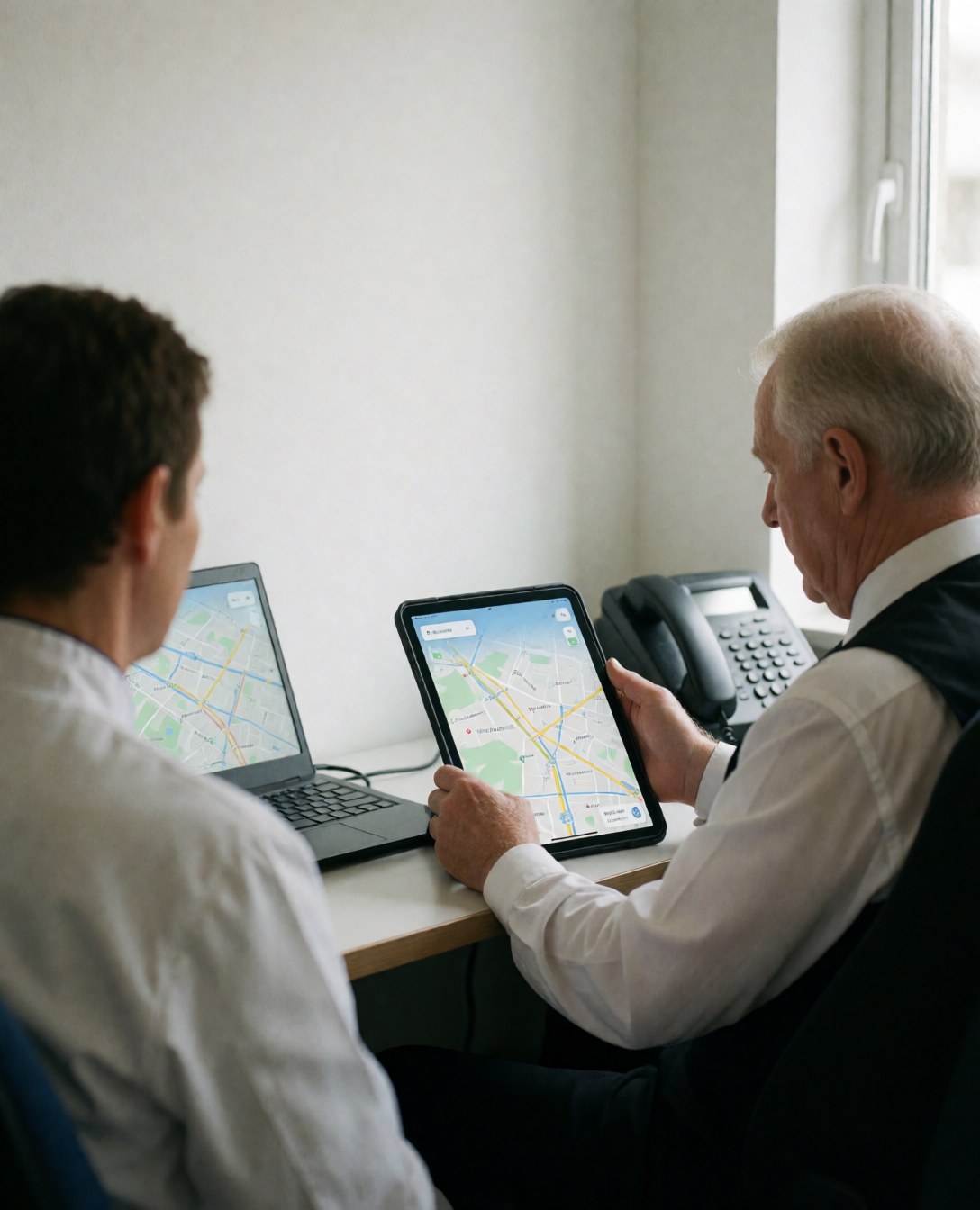Two men in an office reviewing digital maps on a tablet and laptop with white walls and an office phone visible