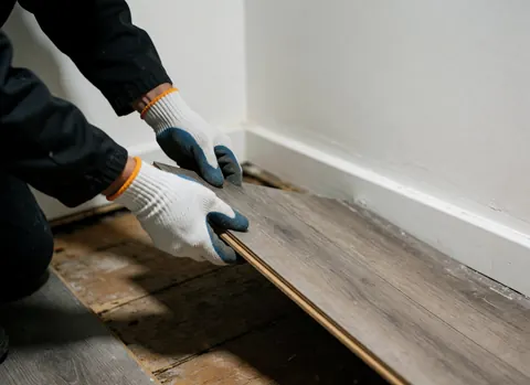 Gloved hands lifting laminate planks over a wooden subfloor in a white room with focused lighting for cork flooring installation