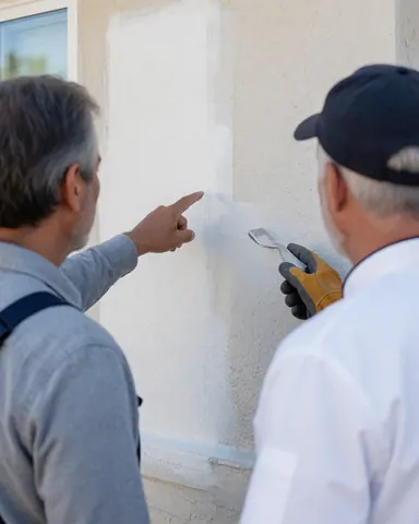 A satisfied client inspects a newly painted exterior wall while a painter stands nearby, highlighting the fresh paint job and professional finish.