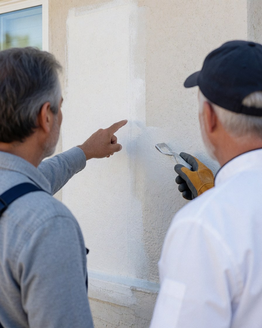 A satisfied client inspects a newly painted exterior wall while a painter stands nearby, highlighting the fresh paint job and professional finish.