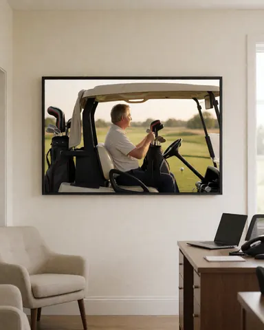 A framed photo of a man in a golf cart holding clubs on a golf course at sunset, displayed on an interior wall.