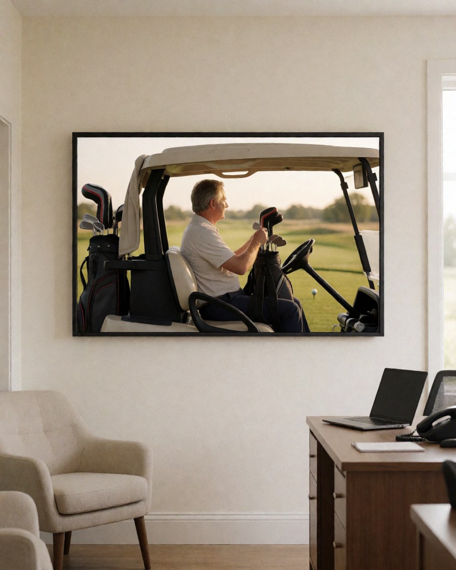 A framed photo of a man in a golf cart holding clubs on a golf course at sunset, displayed on an interior wall.