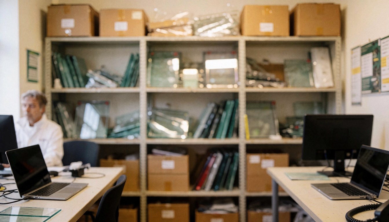 Warehouse background featuring shelves stocked with glass panes and computers, suitable for window repair businesses