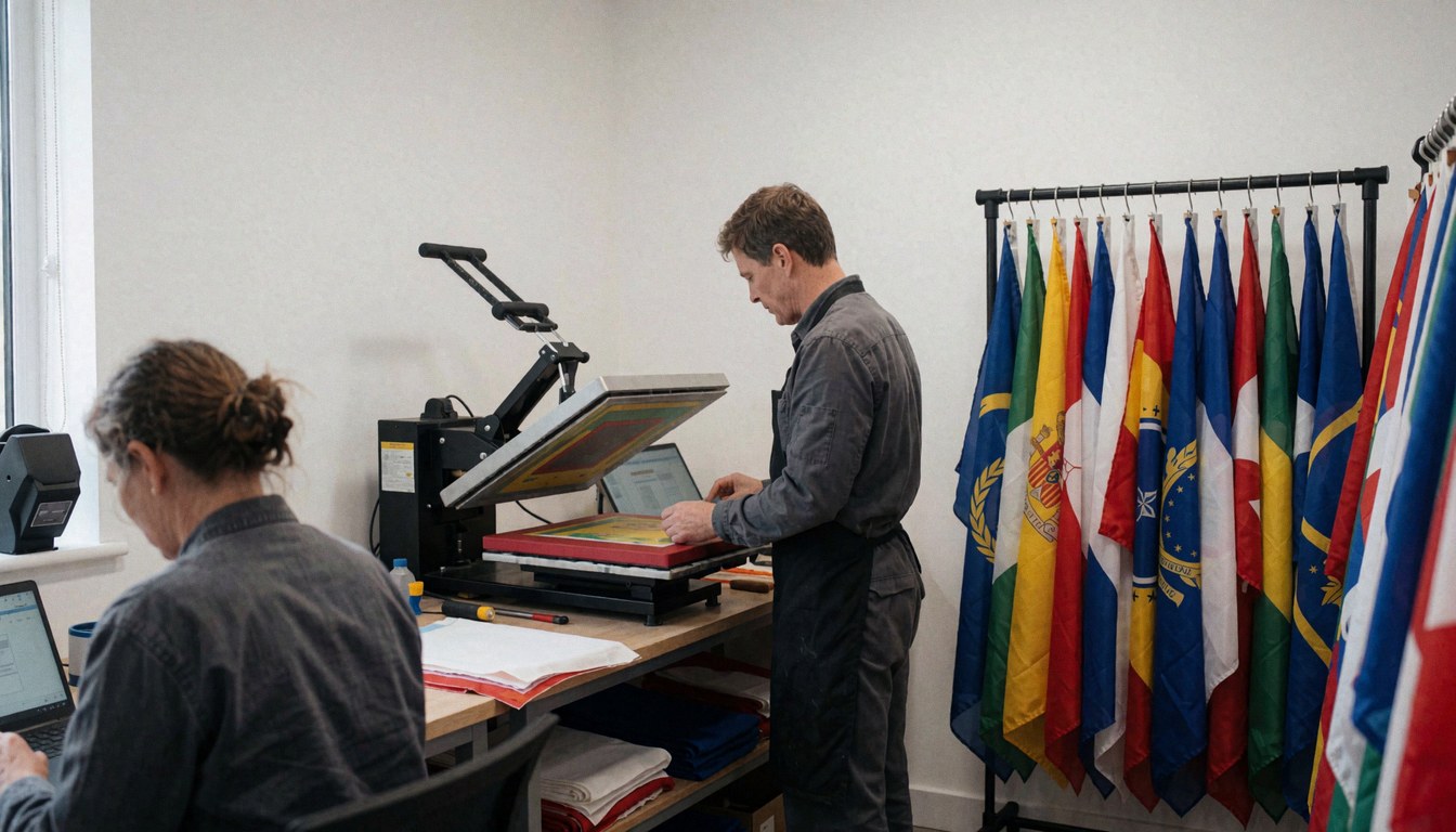 A man operates a thermal press to stamp flags in a well-lit workshop with several flags hanging on a rack nearby.