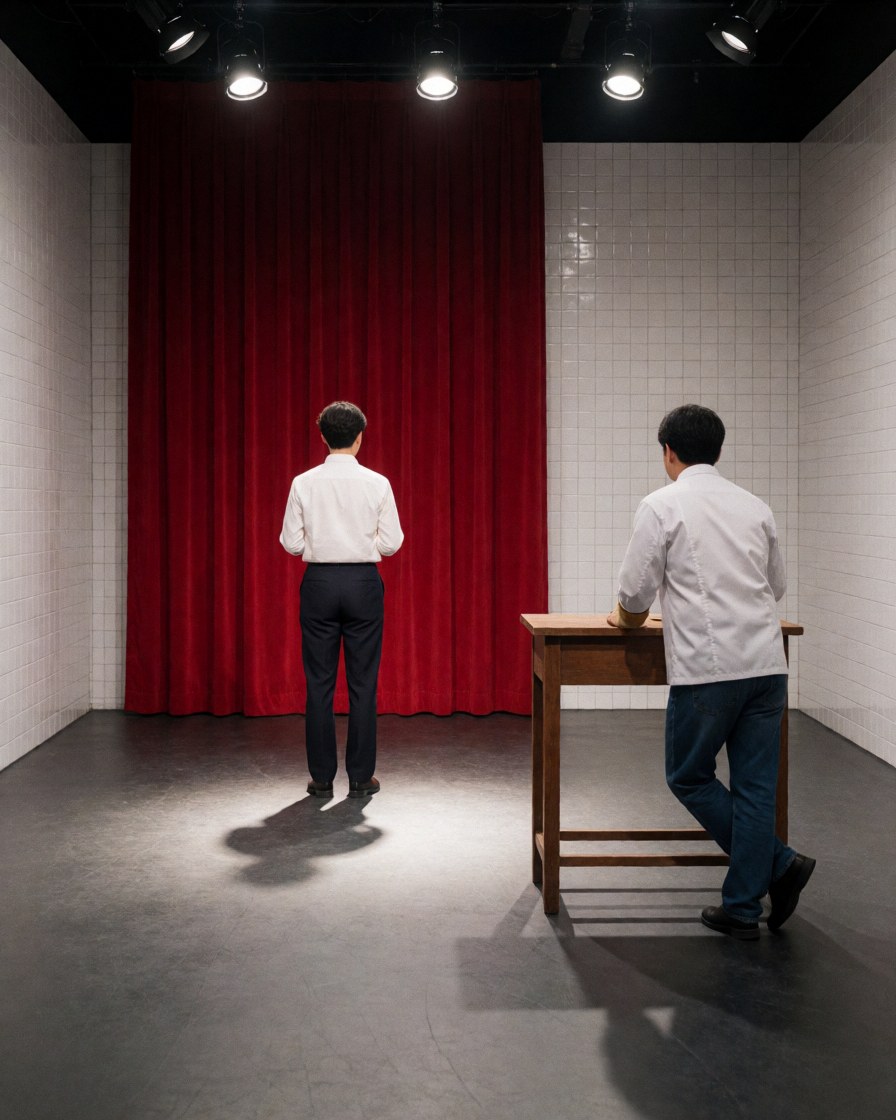 Two actors standing with their backs to the camera on a stage featuring a red curtain, stage lighting, and white tiled walls.