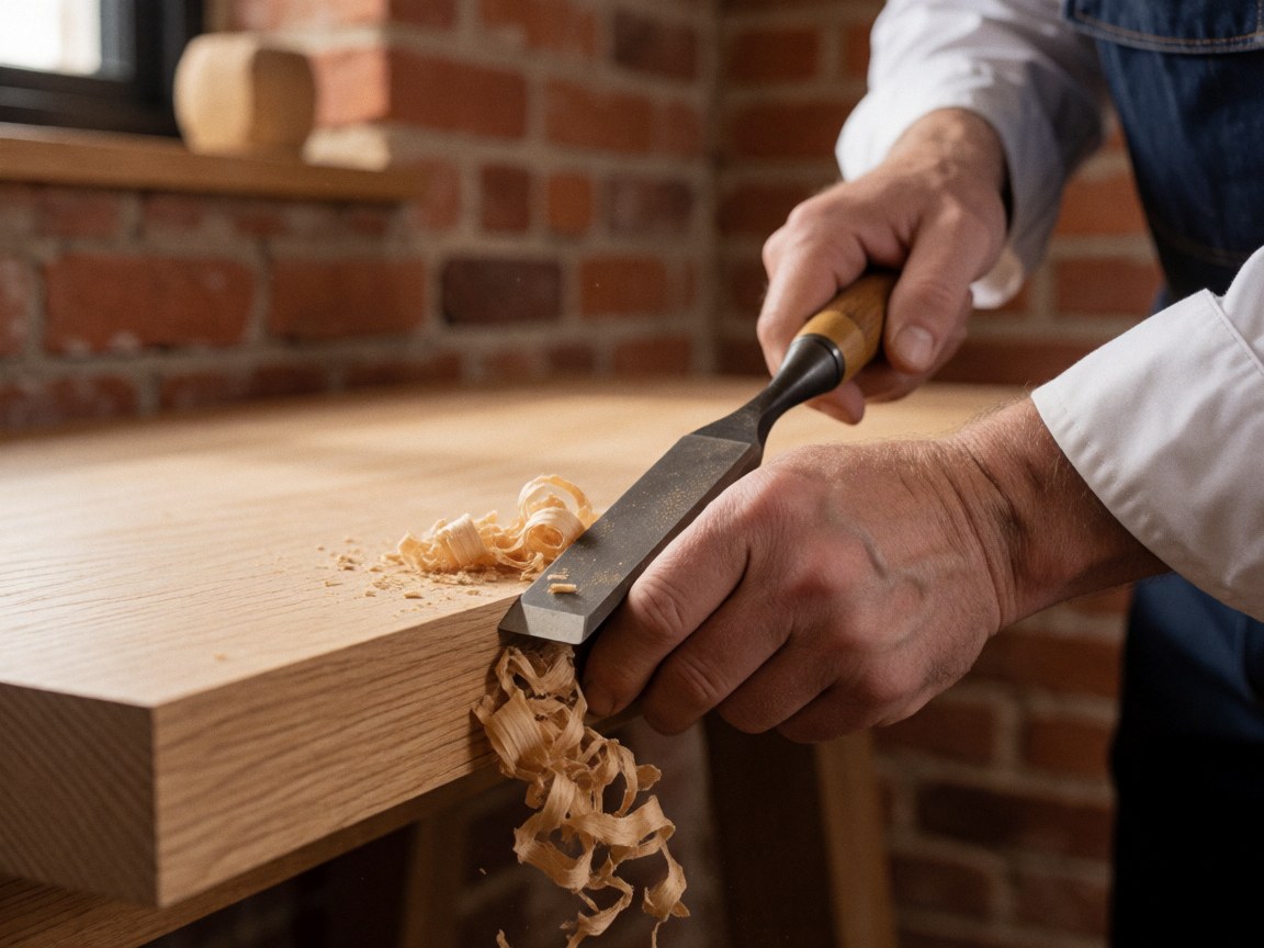 Close-up of a carpenter chiseling raw wood, creating a spark in a workshop with a brick wall and visible tools