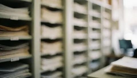 Out of focus background featuring shelves and stacked papers with soft lighting, suitable for commercial text overlays