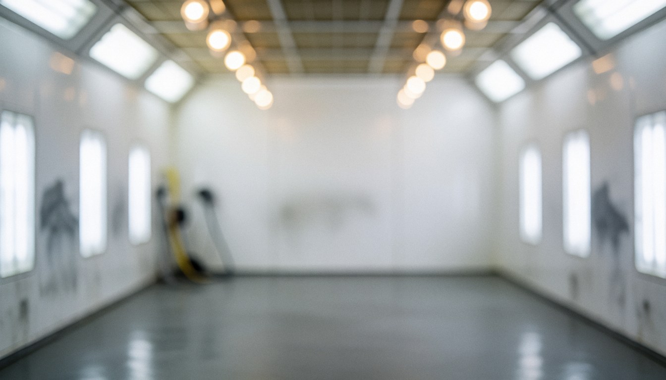 White walls and reflective gray floor with LED bokeh lights, serving as a professional background for text overlays in automotive advertising.