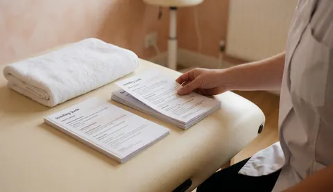Close-up of a therapist's hand placing a stretching brochure on a white towel on a massage table in a warmly lit treatment room.