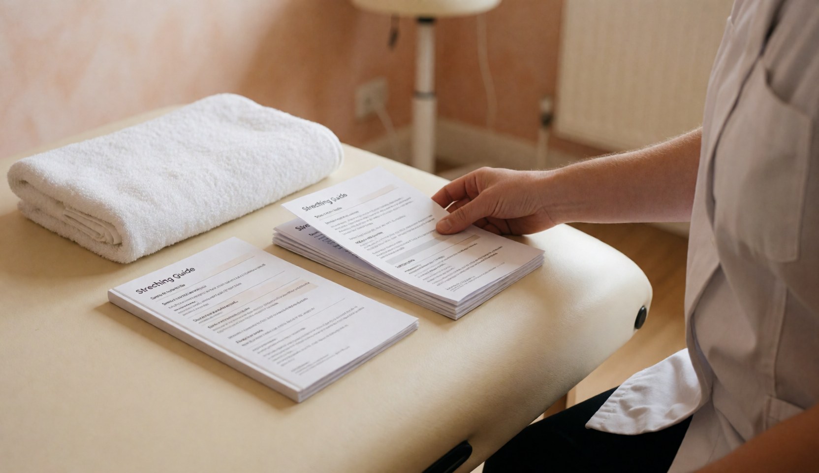 Close-up of a therapist's hand placing a stretching brochure on a white towel on a massage table in a warmly lit treatment room.