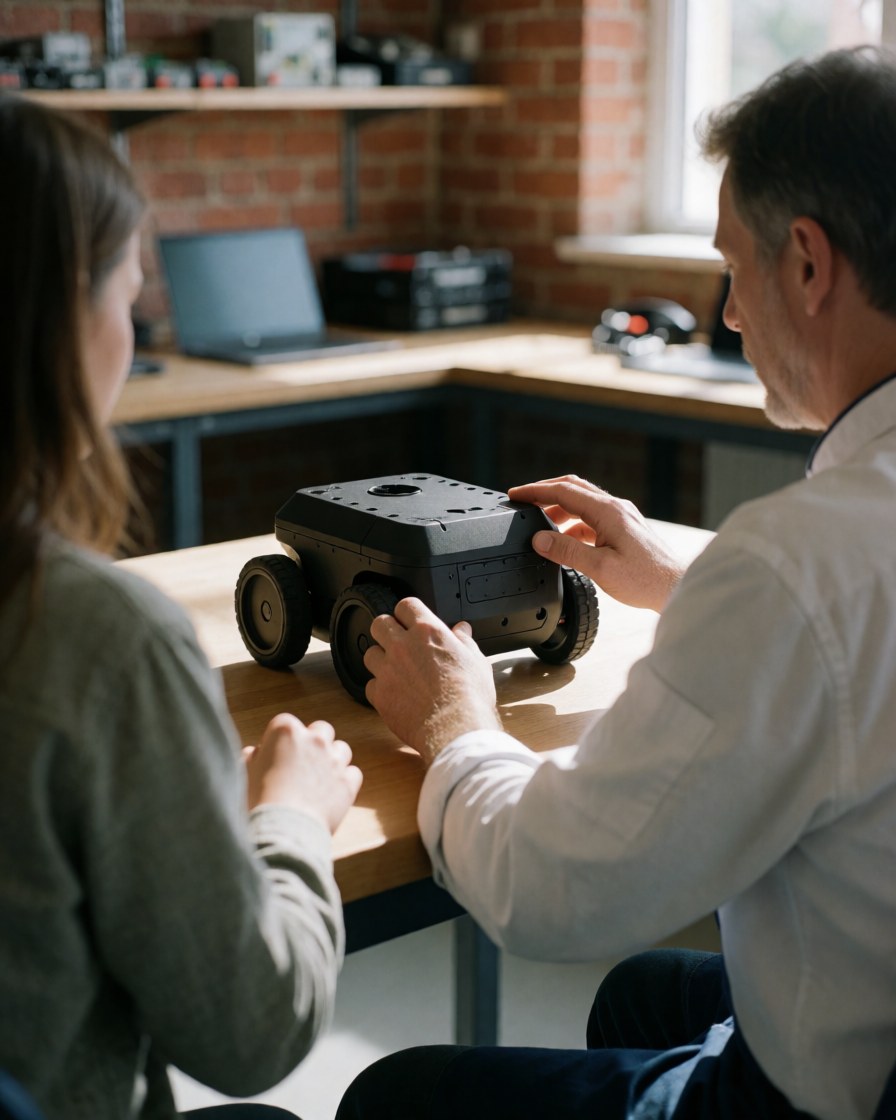Hands interacting with an educational robot on a wooden table in a workshop with brick walls and natural light