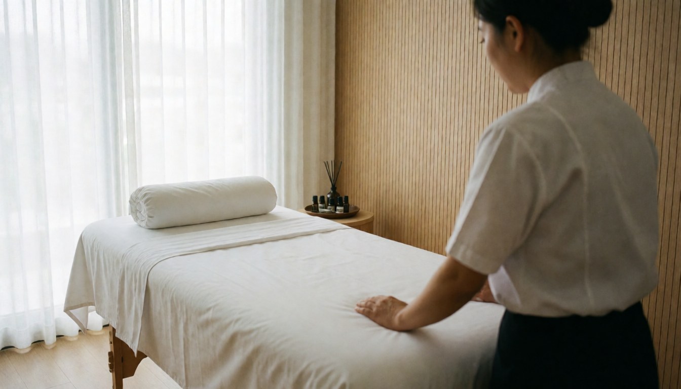 Thai massage table with white sheets and essential oils ready for a service session