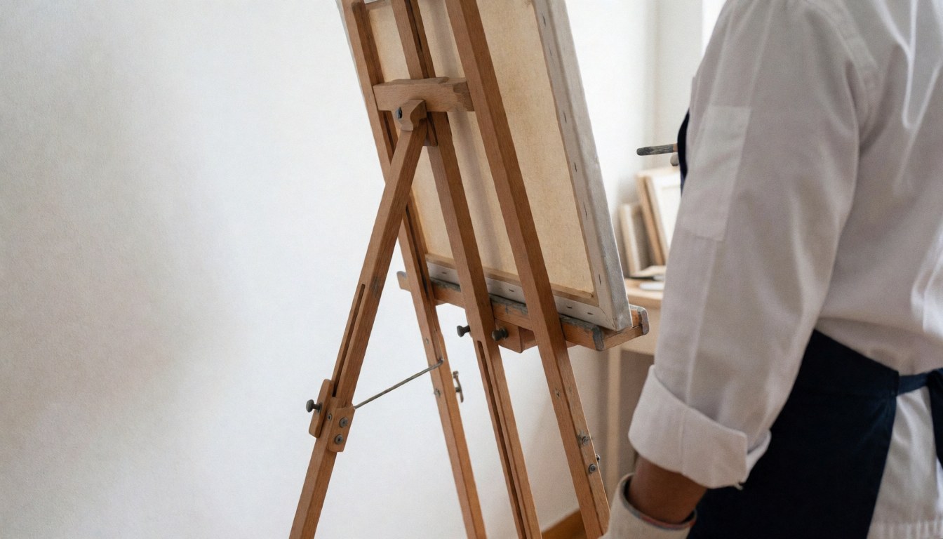 Easel holding a blank canvas in a studio with white walls, viewed from behind, ideal for art courses