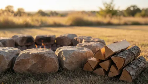 A campfire burning with logs and stones in a field during sunset, serving as a warm background for outdoor accommodation text.