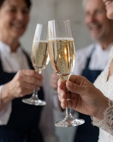 Close-up of a woman's hand in a lace sleeve holding a champagne glass with bubbles during a wedding toast