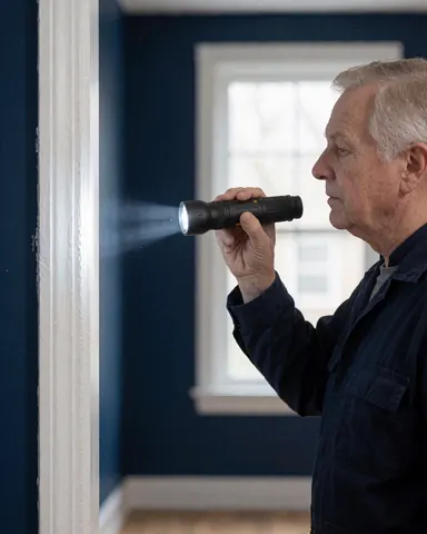 A man uses a flashlight to inspect a newly painted window frame in a room with dark blue walls, showcasing decorative painting work.
