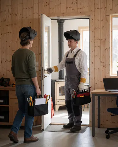 Technician in overalls opening a stove door while holding tools, with a stove visible in the background against wooden walls.