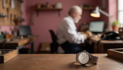 Close-up of a metal wristwatch resting on a wooden table in a watchmaker's workshop with tools and a pink wall in the background