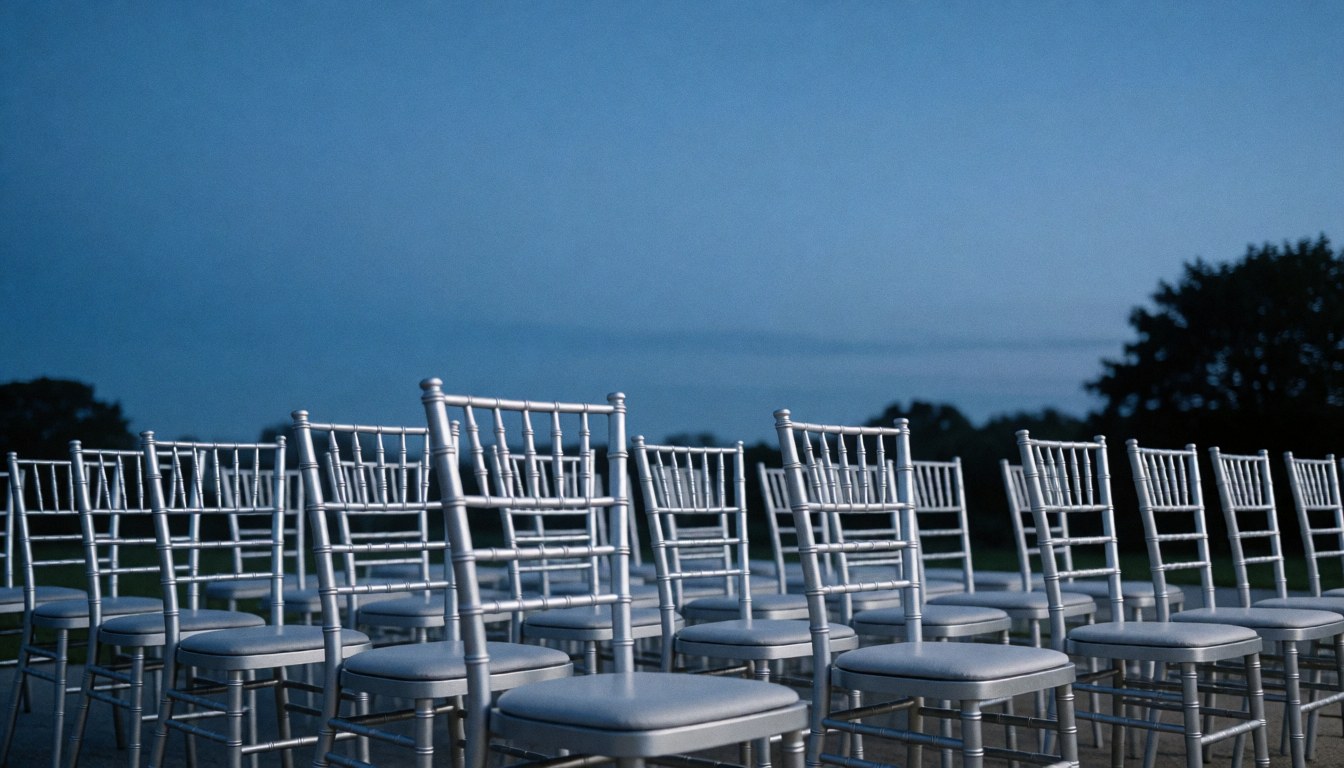 Rows of metal Chiavari chairs set up outdoors under a blue sky, ideal for weddings or formal galas.