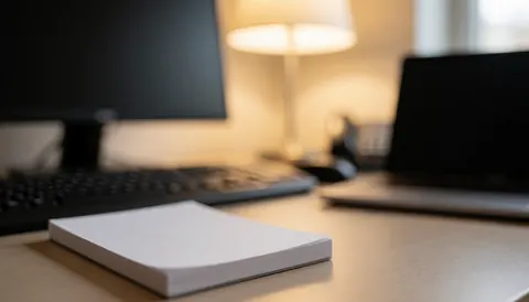Office desk with computer, keyboard, and white notebook under warm light, ideal for massage therapy text background