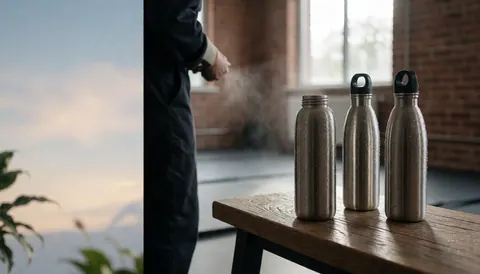 Three metal water bottles with condensation droplets on a wooden table in a gym with brick walls