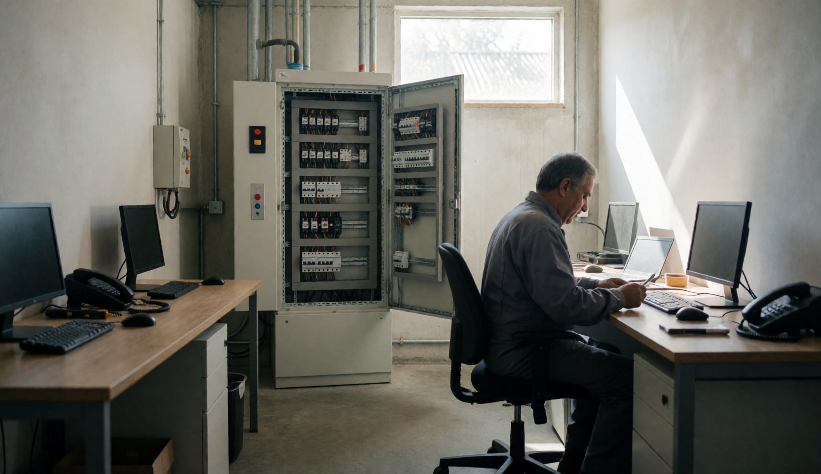 Technician checking elevator control system in machine room with visible relays and natural light from window