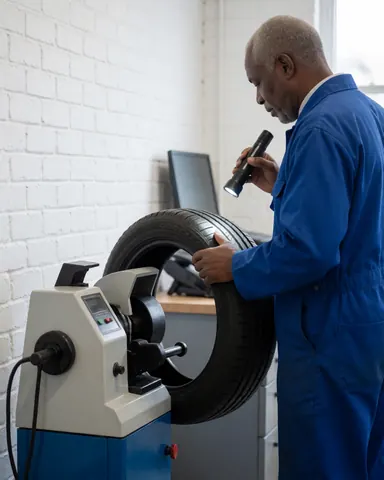 Mechanic in blue uniform inspecting a tire with a flashlight at a balancer in a workshop with a white brick wall