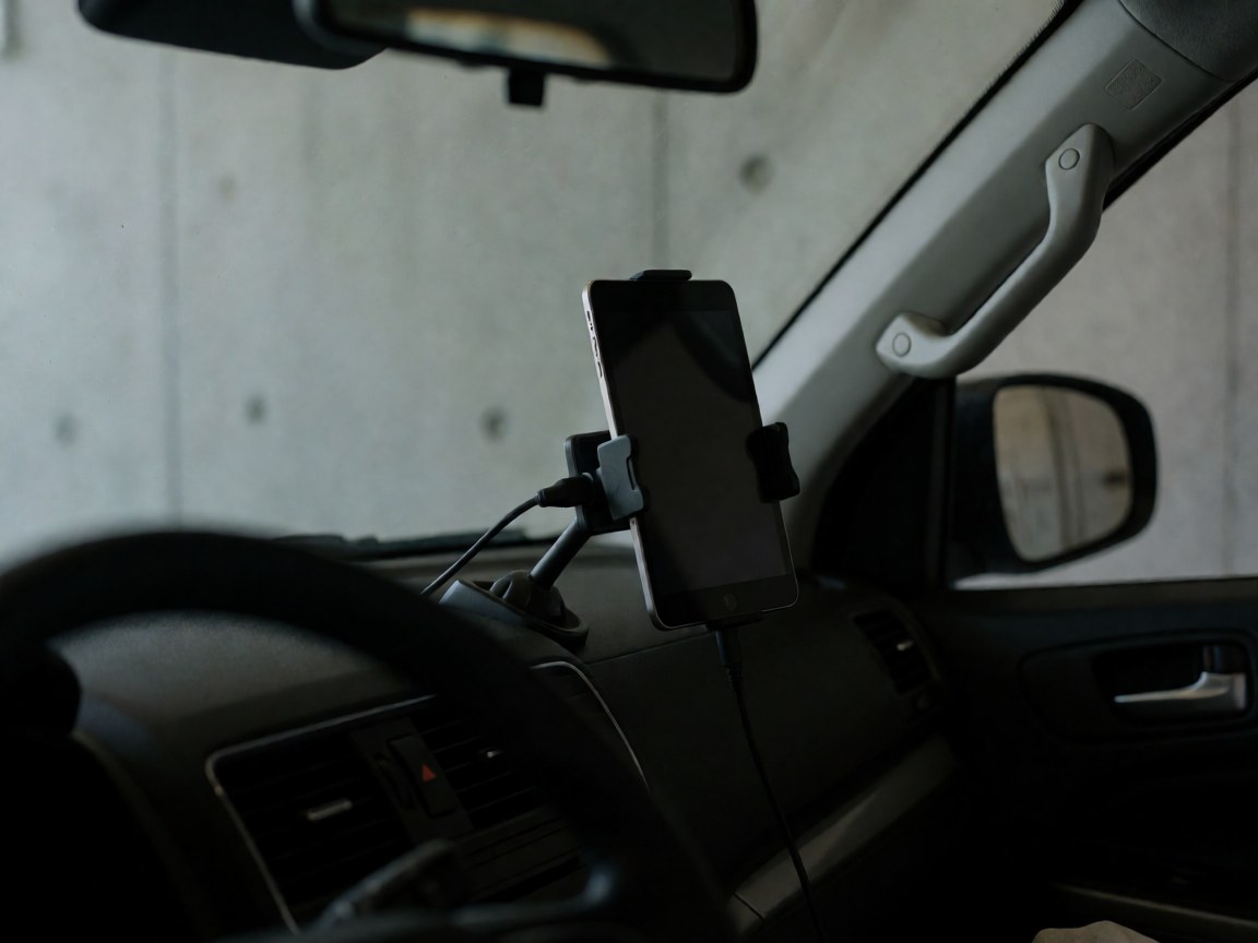 Close-up of a cell phone holder mounted on a vehicle dashboard with neatly organized cables against a concrete wall background.