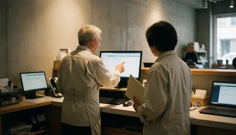 Employee pointing at a computer screen while a client observes with a folder in hand during a professional service interaction.