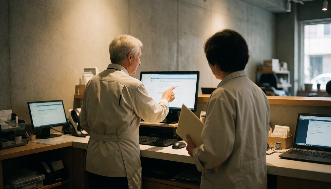 Employee pointing at a computer screen while a client observes with a folder in hand during a professional service interaction.
