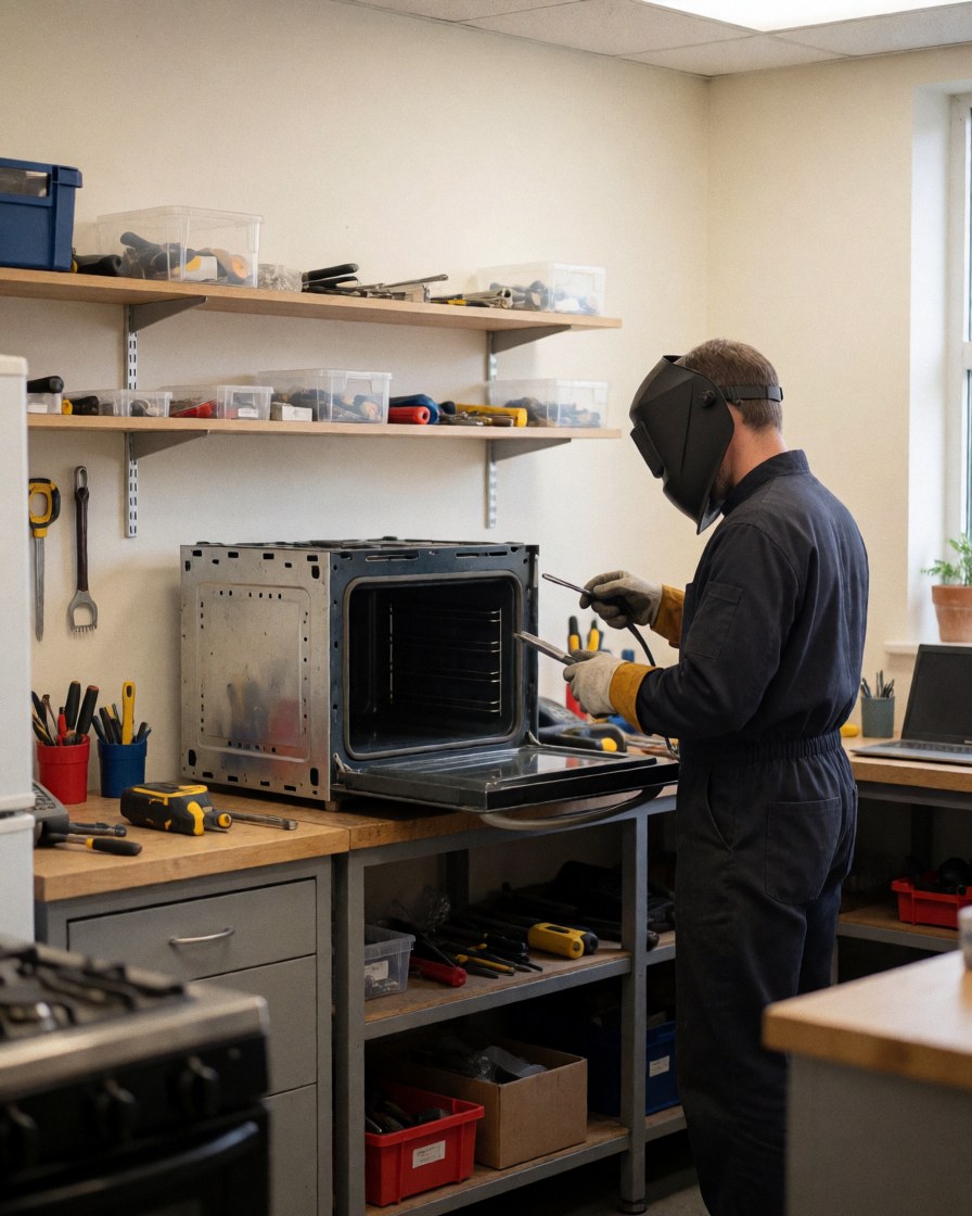 Technician wearing a welding helmet repairing an open oven in an appliance repair shop with tools on shelves and white walls
