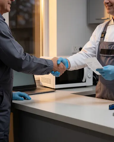 Technician and client shaking hands in microwave repair shop with repaired microwave and receipt, warm window light