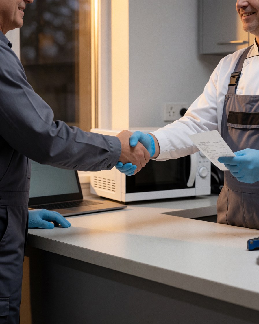 Technician and client shaking hands in microwave repair shop with repaired microwave and receipt, warm window light