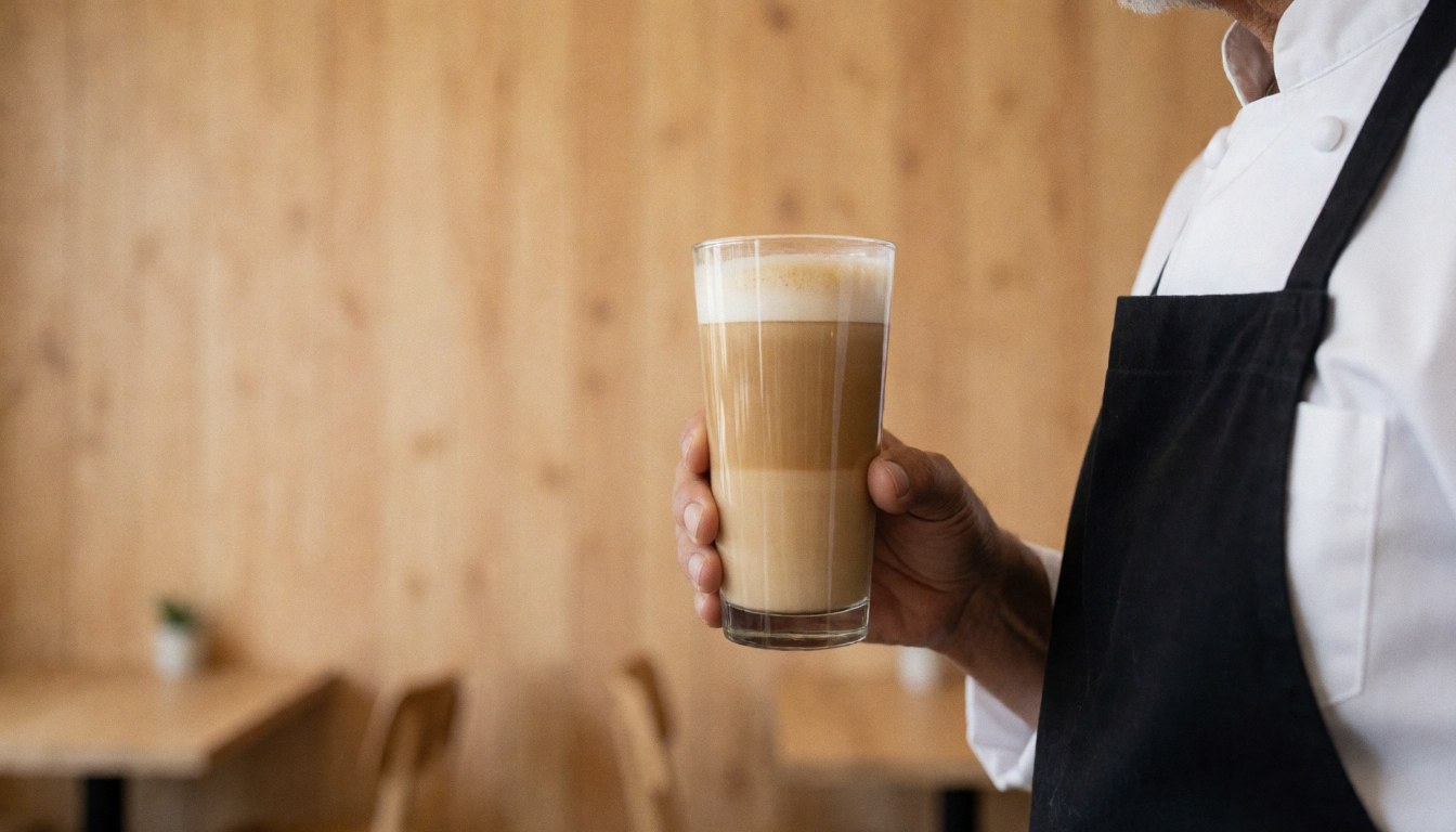Barista serving latte in tall glass in cafe with light wood walls and text space on left