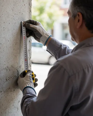 A professional wearing gloves measures a concrete wall using a tape measure in natural light during metalworking service