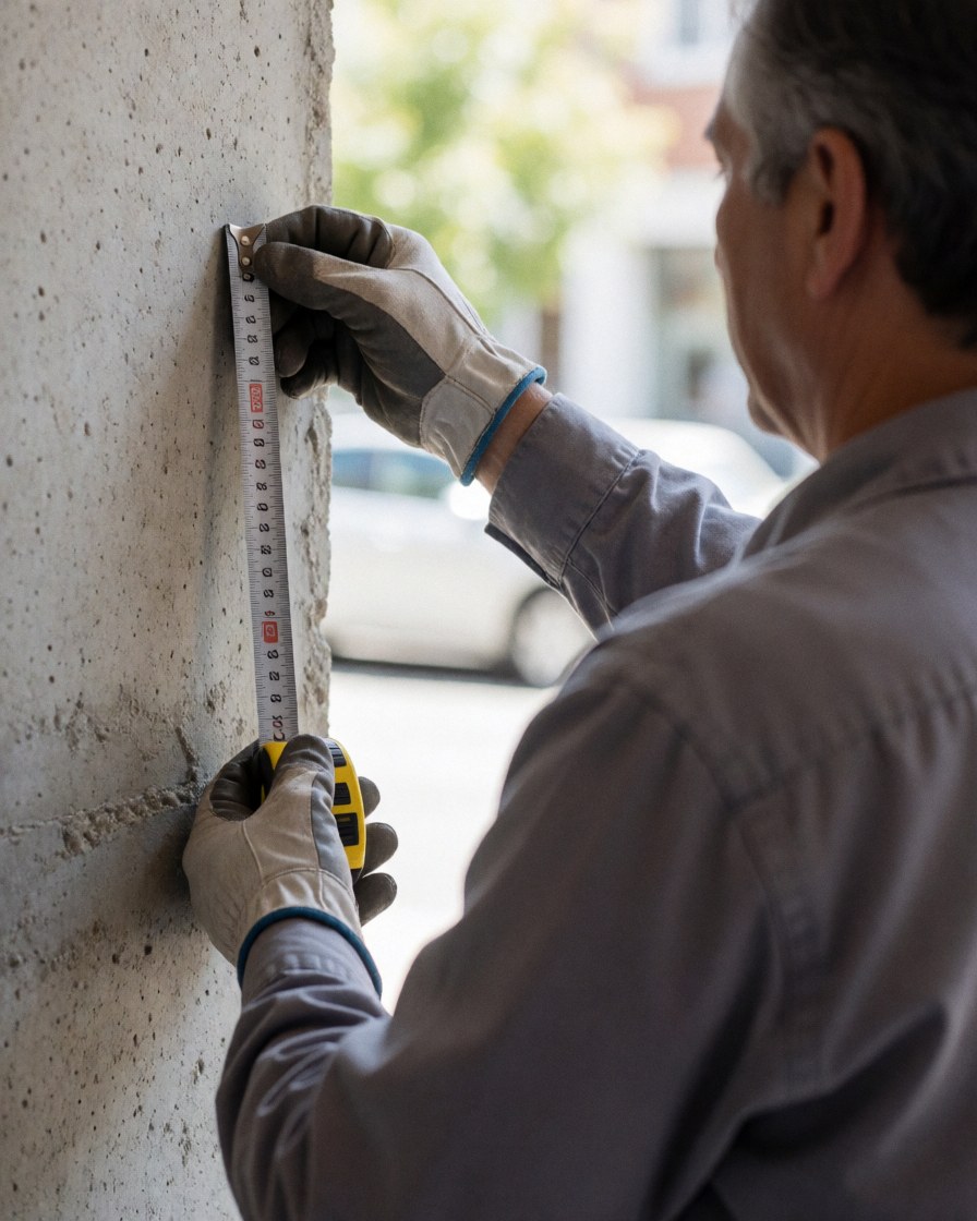 A professional wearing gloves measures a concrete wall using a tape measure in natural light during metalworking service